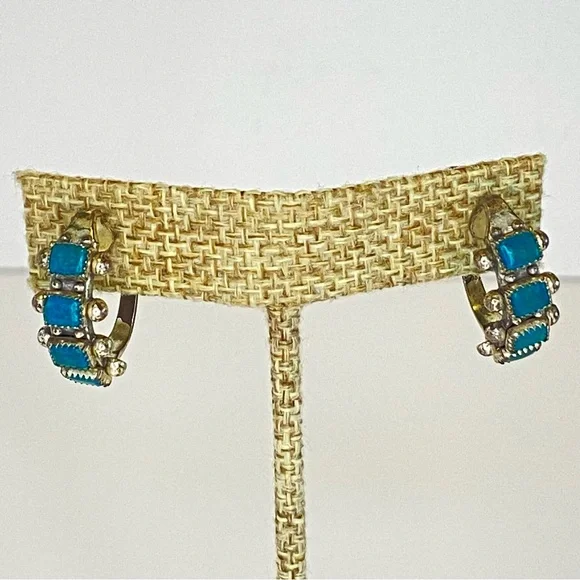 Vintage Sterling Silver Turquoise Screw Back Earrings Hoop Southwestern Native - Picture 10 of 13